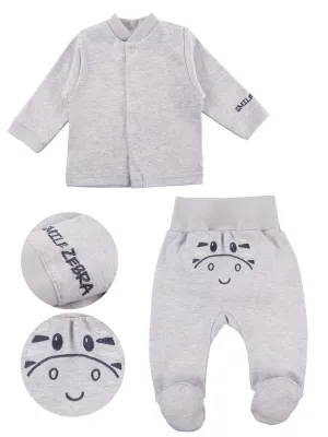Zebra Design Top & Embroidered Face Trousers Set - Grey