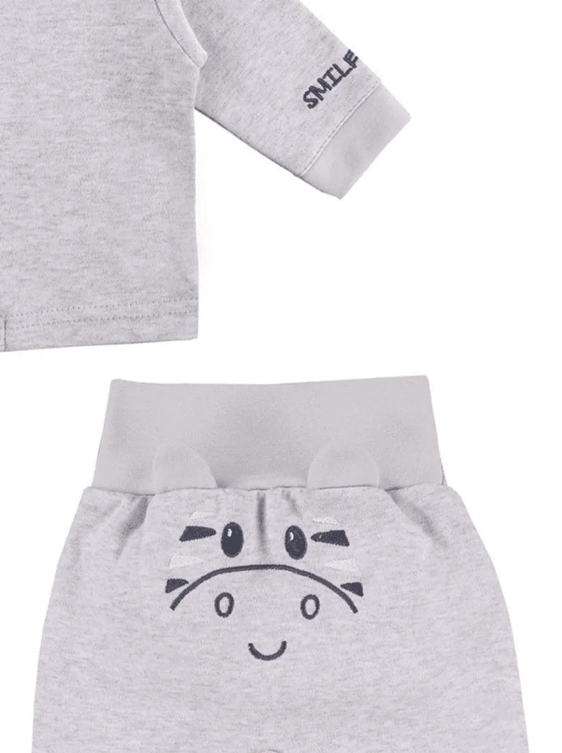 Zebra Design Top & Embroidered Face Trousers Set - Grey
