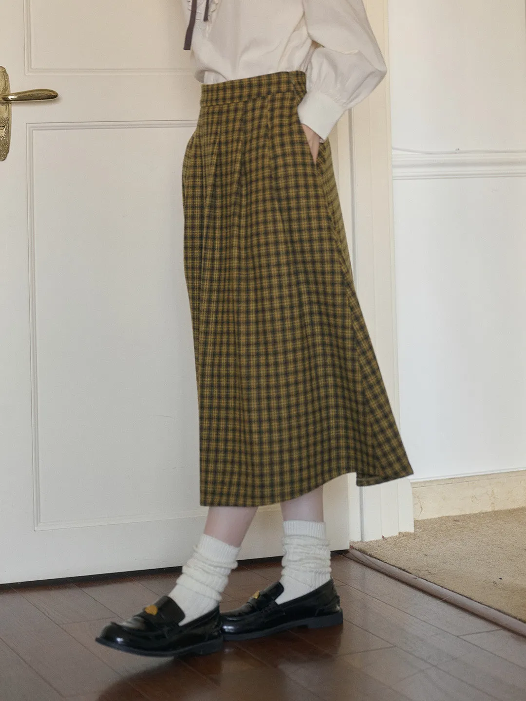Zoya Yellow Plaid  Wool A-line Pocket Wool Skirt - Yellow