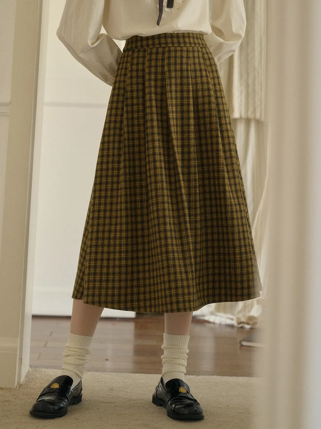 Zoya Yellow Plaid  Wool A-line Pocket Wool Skirt - Yellow