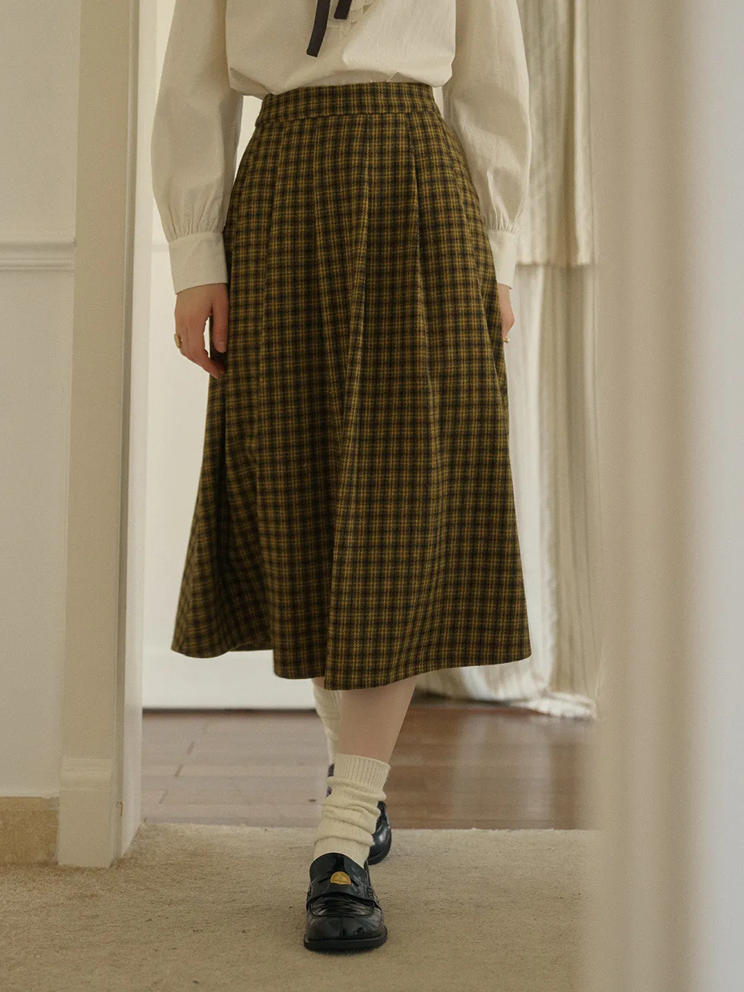 Zoya Yellow Plaid  Wool A-line Pocket Wool Skirt - Yellow