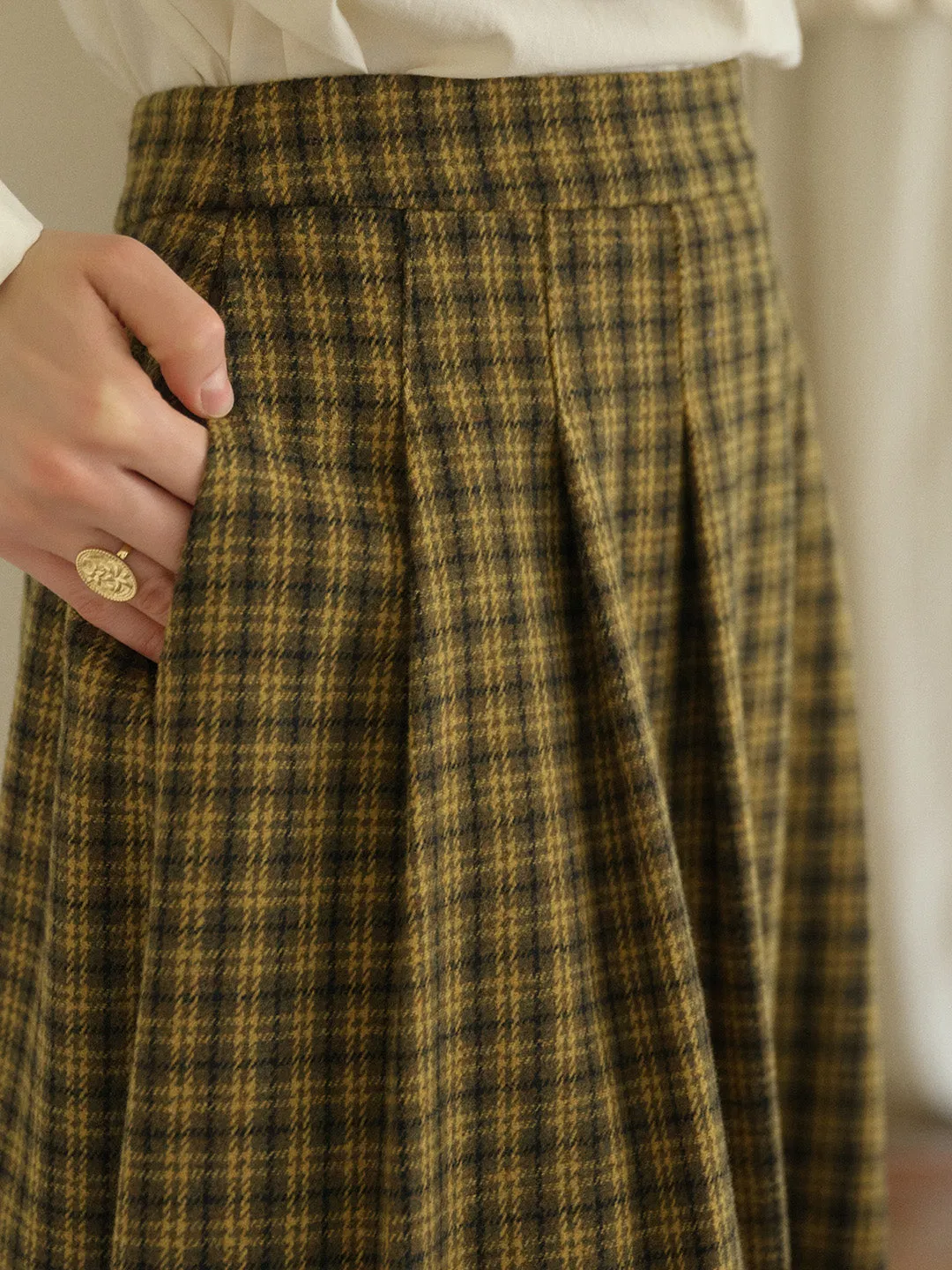 Zoya Yellow Plaid  Wool A-line Pocket Wool Skirt - Yellow