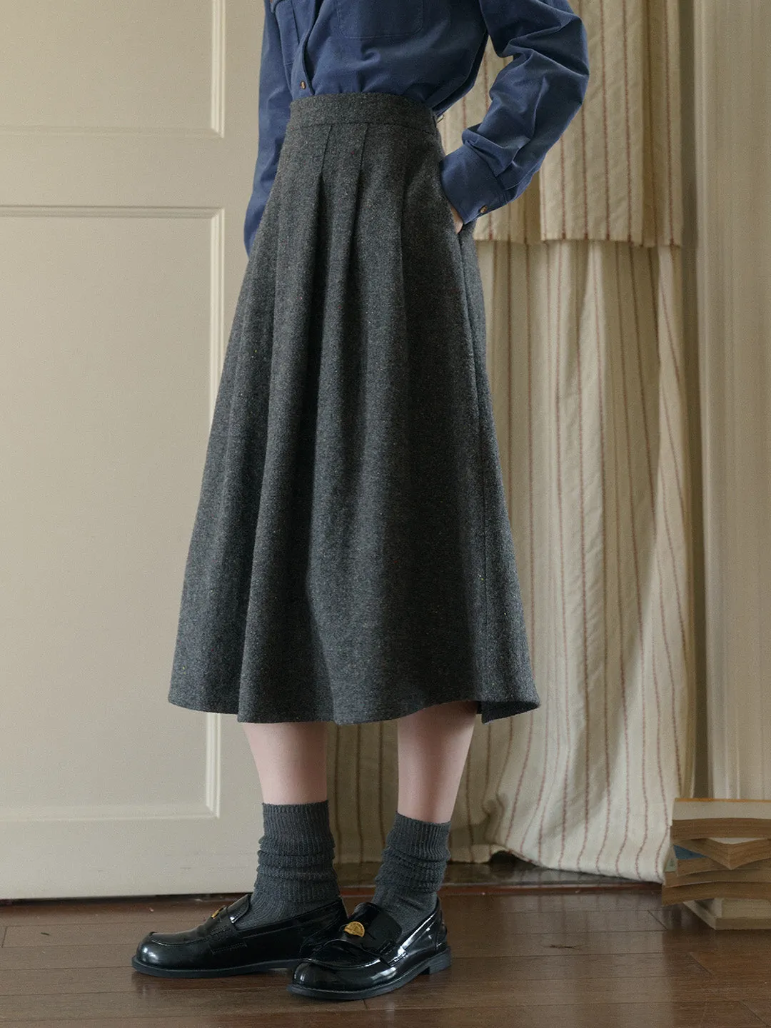 Zoya Yellow Plaid  Wool A-line Pocket Wool Skirt - Yellow