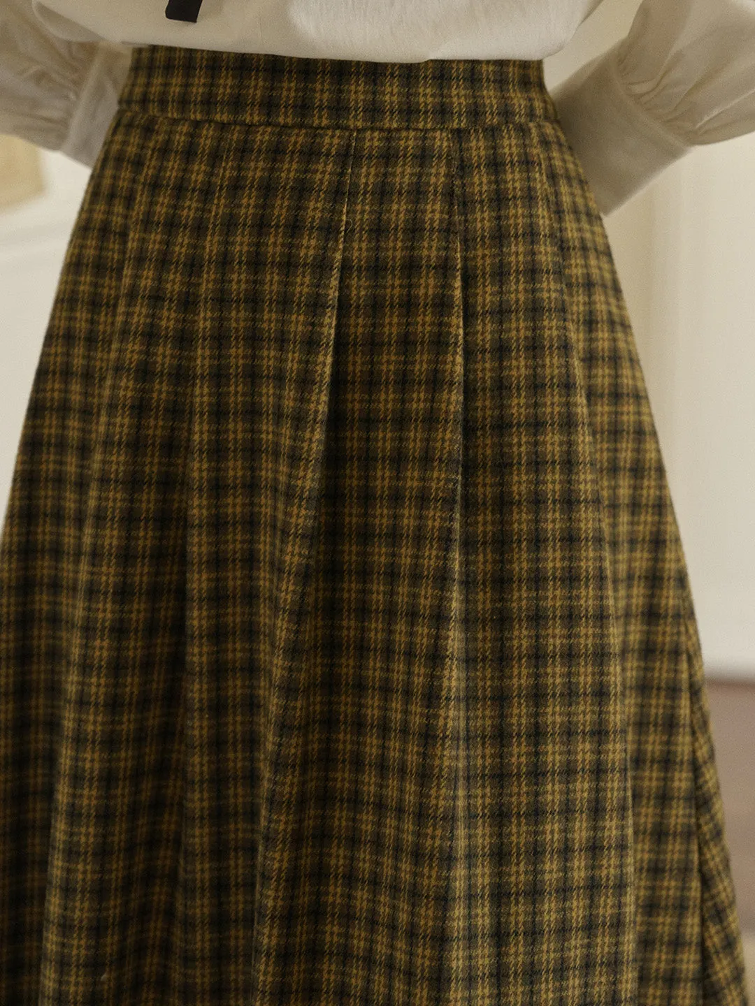 Zoya Yellow Plaid  Wool A-line Pocket Wool Skirt - Yellow